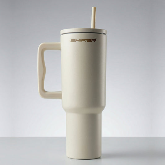 Metal sipper bottle side view showing flip straw lid and durable stainless steel body