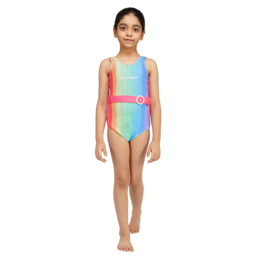 Shifter Rainbow Girls' Swimsuit with Pink Belt | Vibrant One-Piece Swimwear for Kids