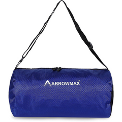 A blue ArrowMax gym bag with a black strap, made of tear and water-resistant leatherette, featuring robust zippers and sturdy stitching.