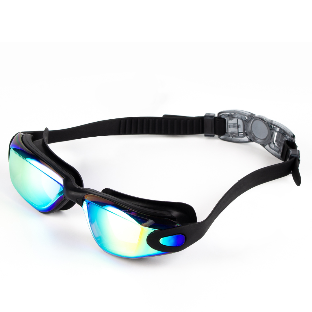 A pair of Arrowmax anti-fog swimming goggles with a strap and mirrored lenses.