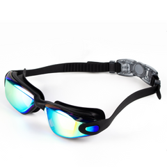 A pair of Arrowmax anti-fog swimming goggles with a strap and mirrored lenses.