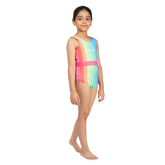Shifter Rainbow Girls' Swimsuit with Pink Belt | Vibrant One-Piece Swimwear for Kids