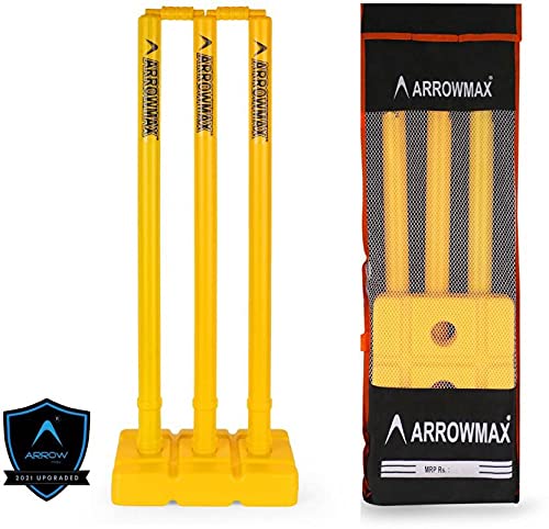 Arrowmax Heavy Plastic Cricket Stumps Set - 3 Stumps + 2 Bails + 1 Stand (Yellow)(Plastic Wicket Set) with Bag