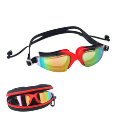Swimming goggles with attached earplugs and electroplated anti fog mirror lens with carry case