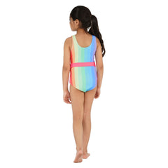 Shifter Rainbow Girls' Swimsuit with Pink Belt | Vibrant One-Piece Swimwear for Kids