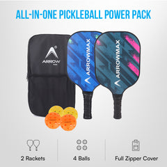 Arrowmax Sprint Fiberglass Pickleball Paddle Set – 2 SPRINT Paddles, 4 Balls & Zipper Cover