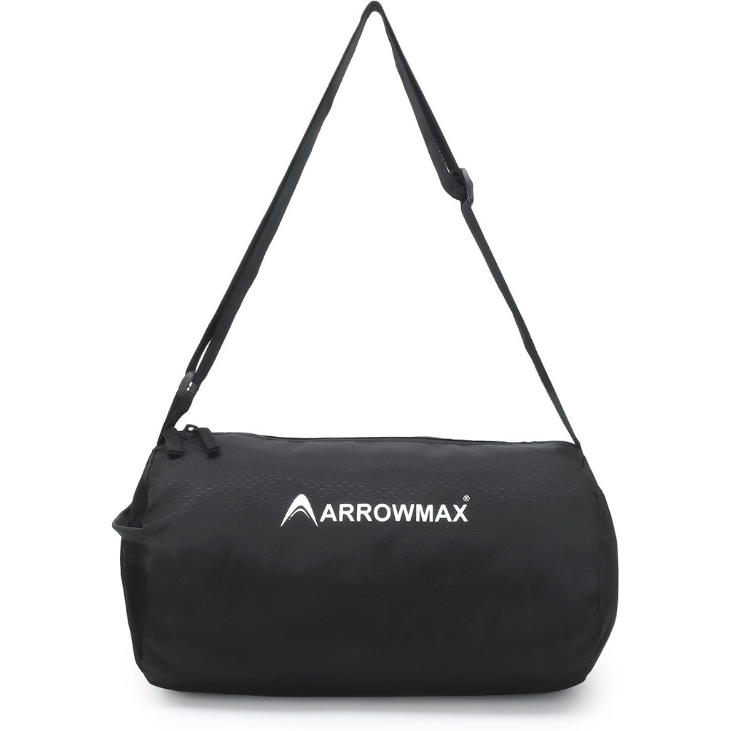 waterproof gym duffel bag in black with ventilated shoe pocket and padded shoulder strap