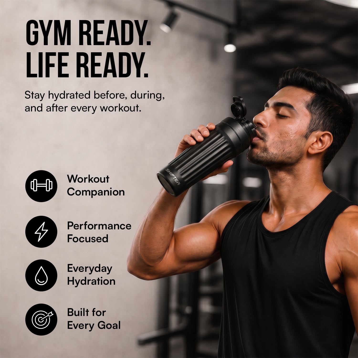 Black stainless steel gym shaker bottle with leakproof protein mixer design