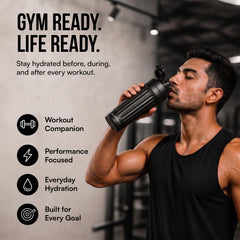 Black stainless steel gym shaker bottle with leakproof protein mixer design