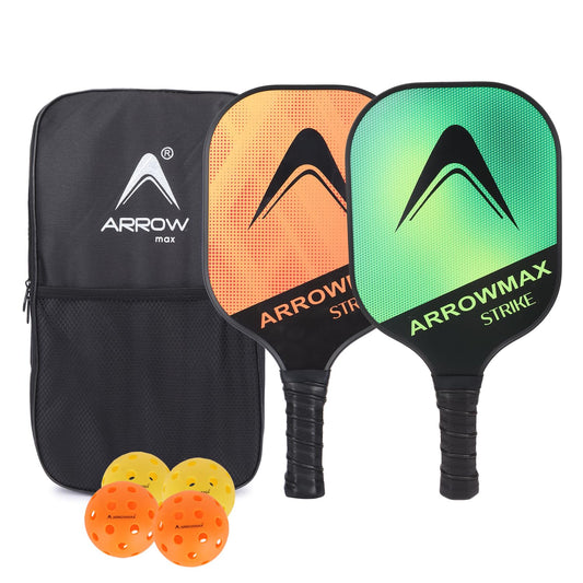 Arrowmax Fiberglass Pickleball Paddle Set – 2 STRIKE Paddles, 4 Balls & Zipper Cover