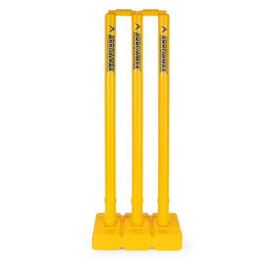 Arrowmax Heavy Plastic Cricket Stumps Set - 3 Stumps + 2 Bails + 1 Stand (Yellow)(Plastic Wicket Set) with Bag