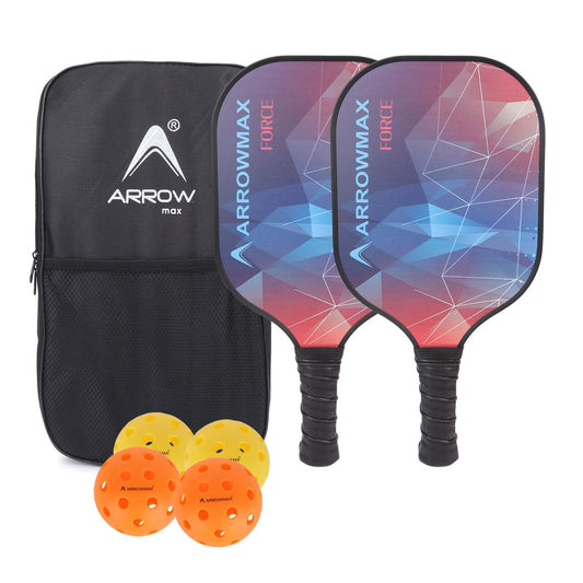 Arrowmax Carbon Fiber Pickleball Paddle Set – 2 FORCE Paddles, 4 Balls & Zipper Bag