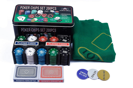 Casino Style 200 Pcs Poker Chips Set in a Tin Case, 2 Decks of Cards, 1 Dealer Button, 1 Big Blind Button, 1 Small Blind Button, 36" x 24" Playing Mat (Classic Multiplayer Game)