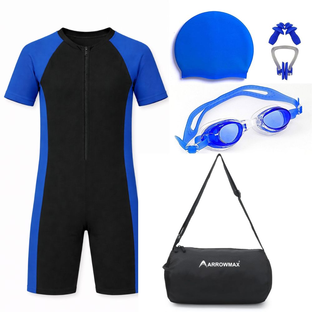 Kids swimming kit combo for boys and girls with unisex swimwear, goggles, cap, earplug, nose clip and duffle bag