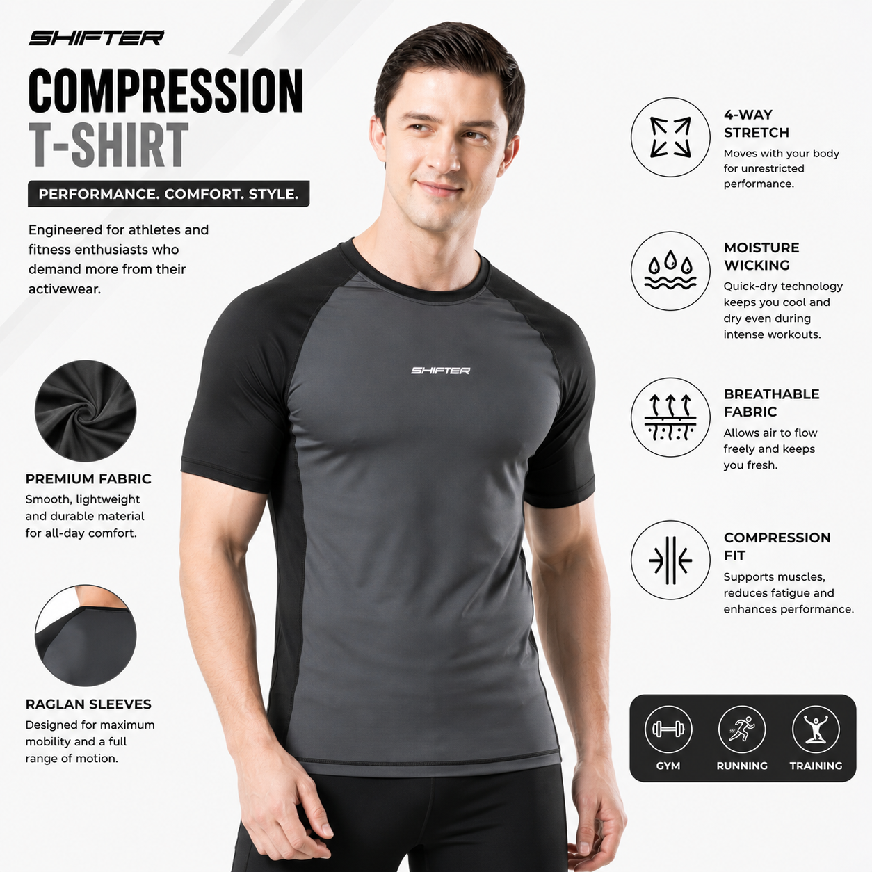 Shifter compression t-shirt for men and women quick dry gym workout sports t-shirt with compression fit