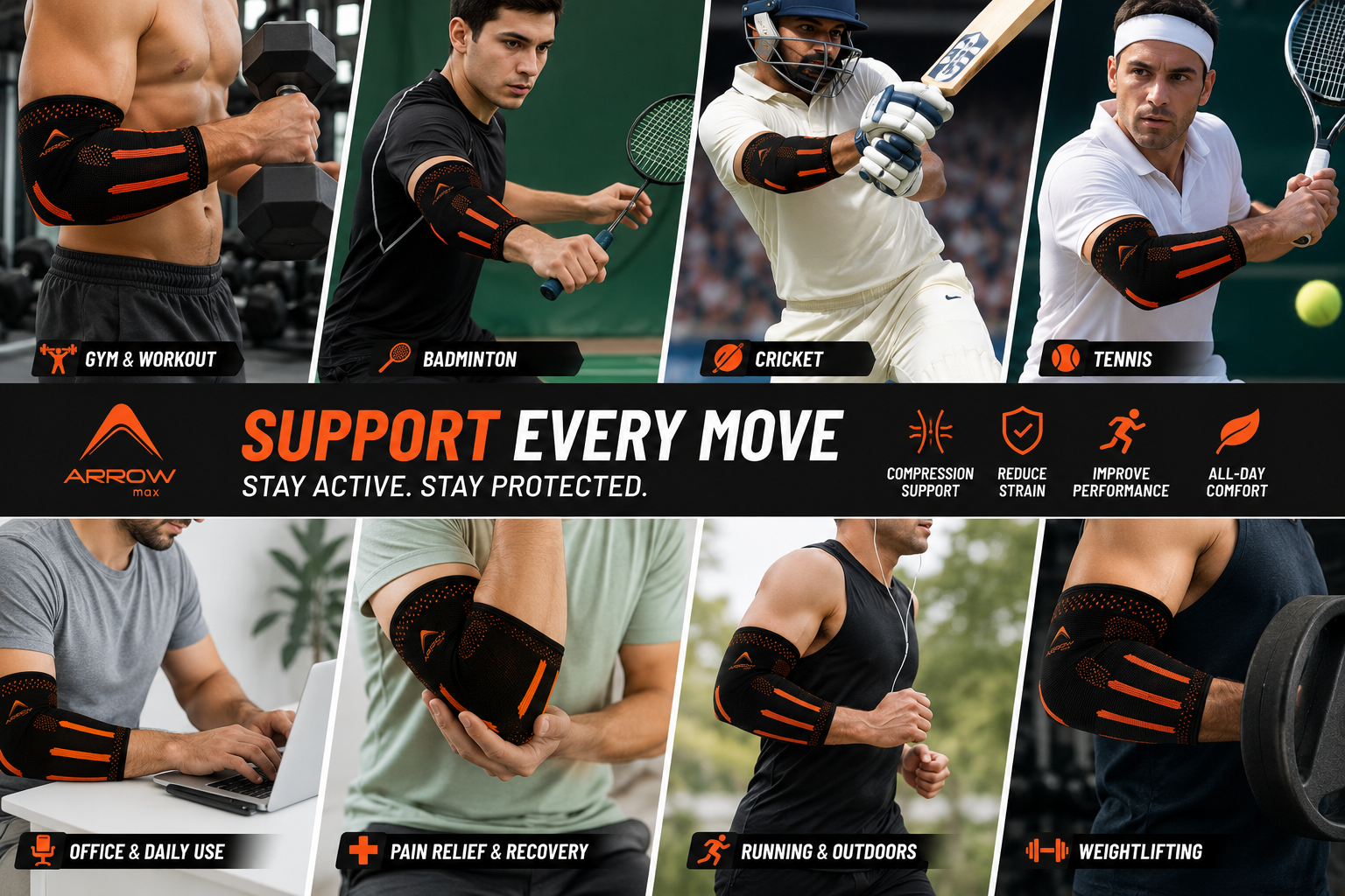 elbow support brace worn on arm for tendonitis tennis elbow and workout support