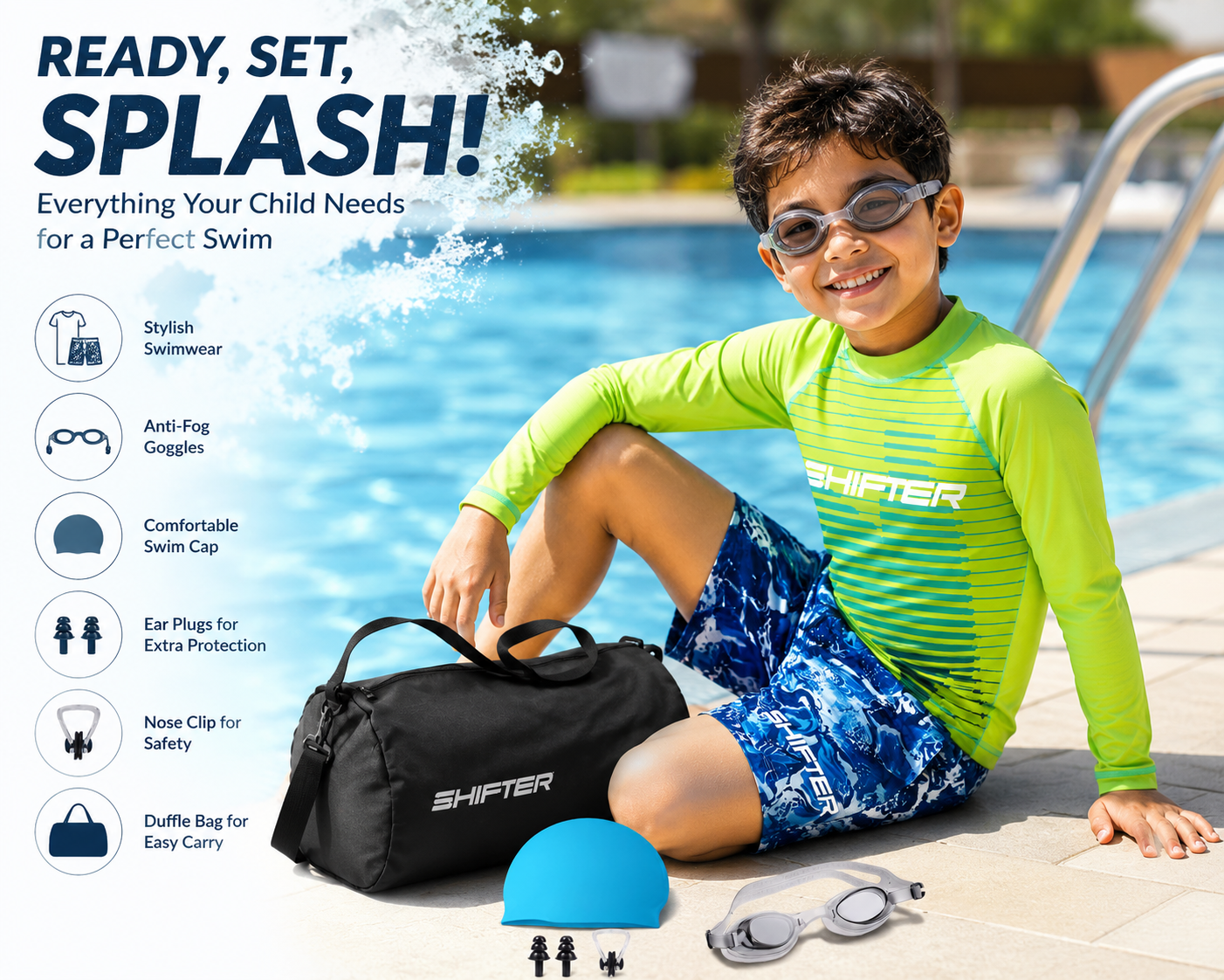 Kids swimming dress with cap goggles ear plugs and nose clip
