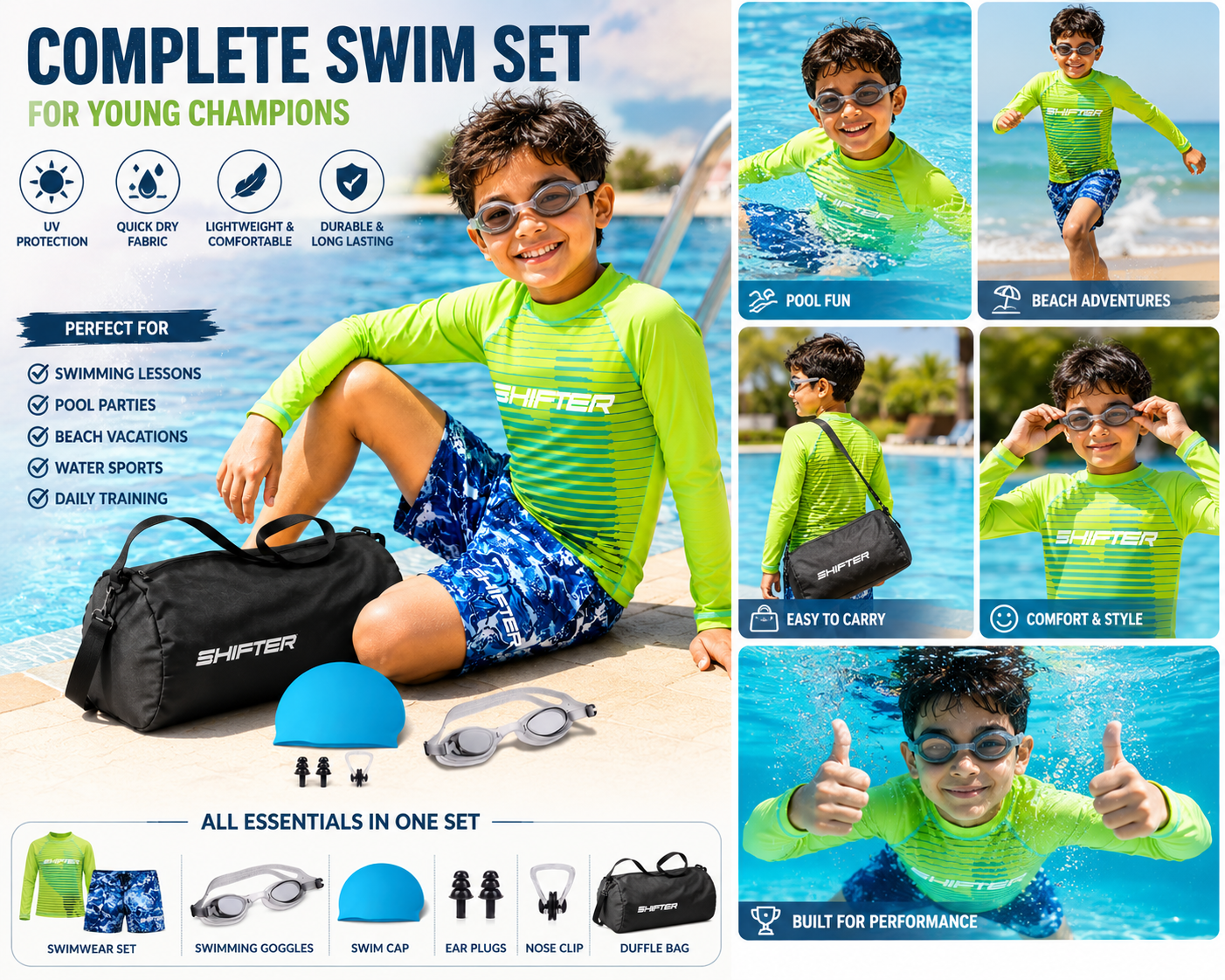 UV protection kids swimwear set with swimming accessories