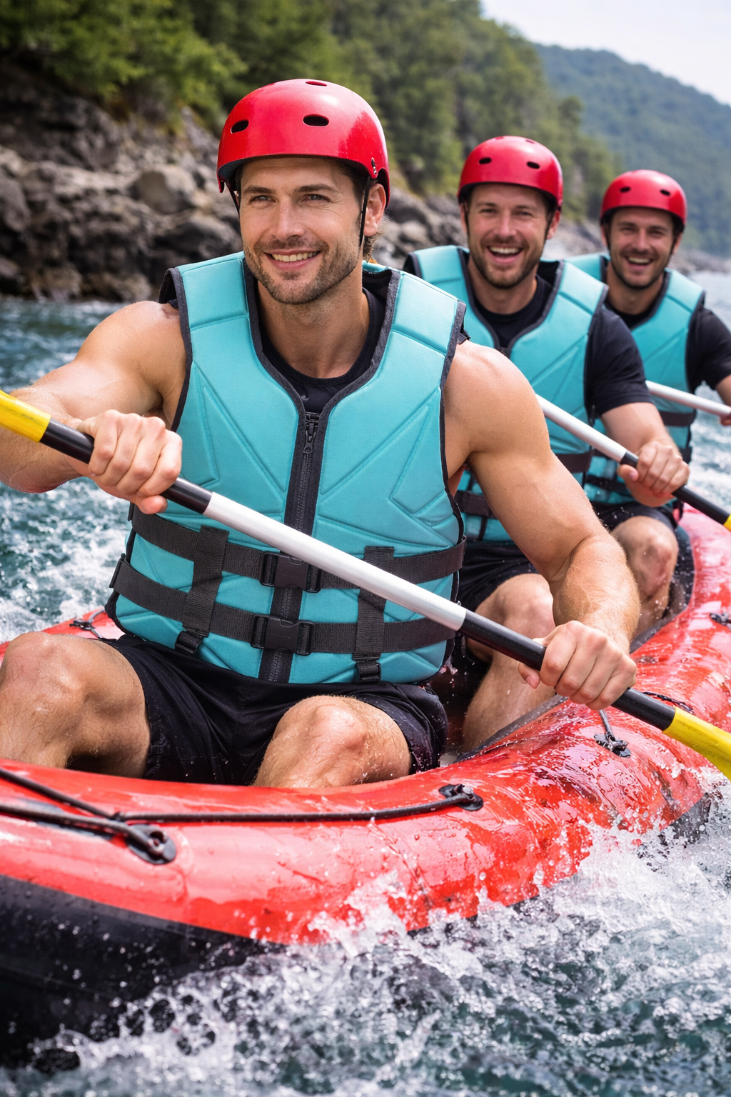 group of adults wearing life jackets enjoying water sports rafting adventure