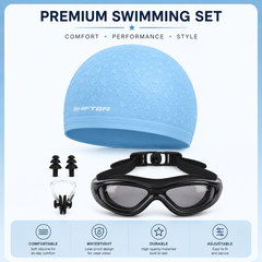Swimming Cap Set with Anti-Fog Goggles, Ear Plugs & Nose Clip for Men & Women | Silicone Waterproof Swim Cap Combo