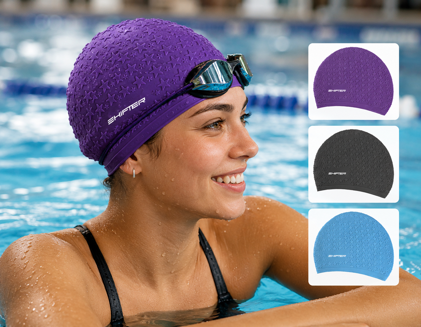 Premium swimming cap combo with goggles ear plugs and nose clip for adults