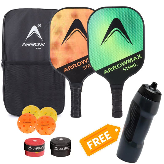 Arrowmax Fiberglass Pickleball Paddle Set – 2 STRIKE Paddles, 4 Balls & Zipper Cover