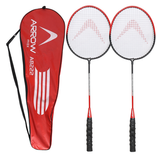 A pair of badminton rackets with red and white color schemes, model AB-222, accompanied by a red protective cover with the Arrow brand logo.