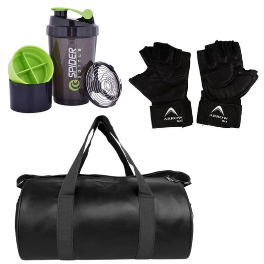 Gym Combo Set - Leather Gym Duffle Bag+Spider Gym Shaker Bottle+ Gym Gloves