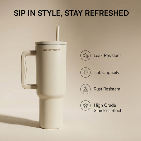 Hot and cold insulated steel sipper bottle placed on desk for office and daily use