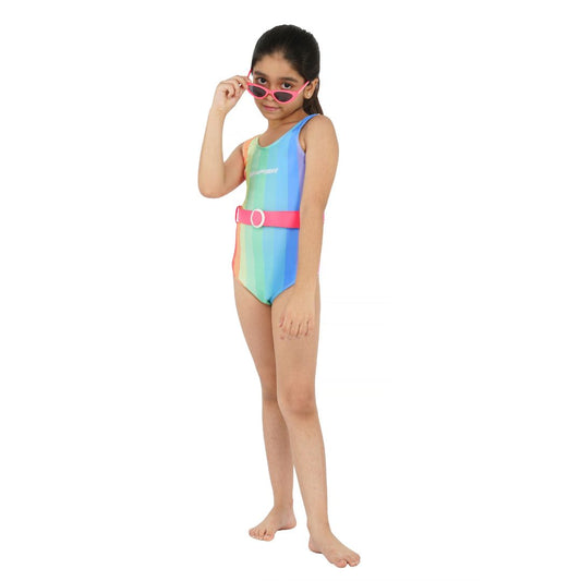 Shifter Rainbow Girls' Swimsuit with Pink Belt | Vibrant One-Piece Swimwear for Kids