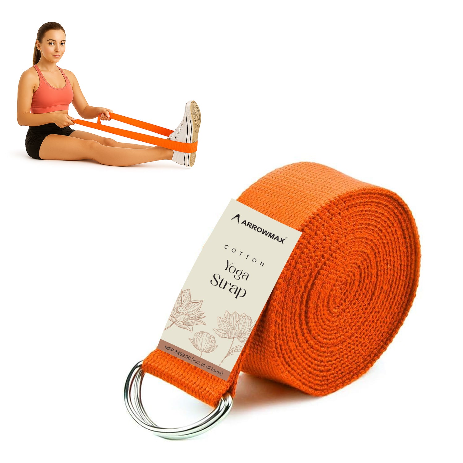 Orange yoga strap with a label on a white background, next to a woman using the strap.
