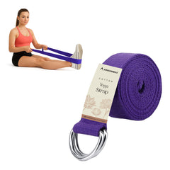 Purple yoga strap with metal rings and a woman using it on a white background