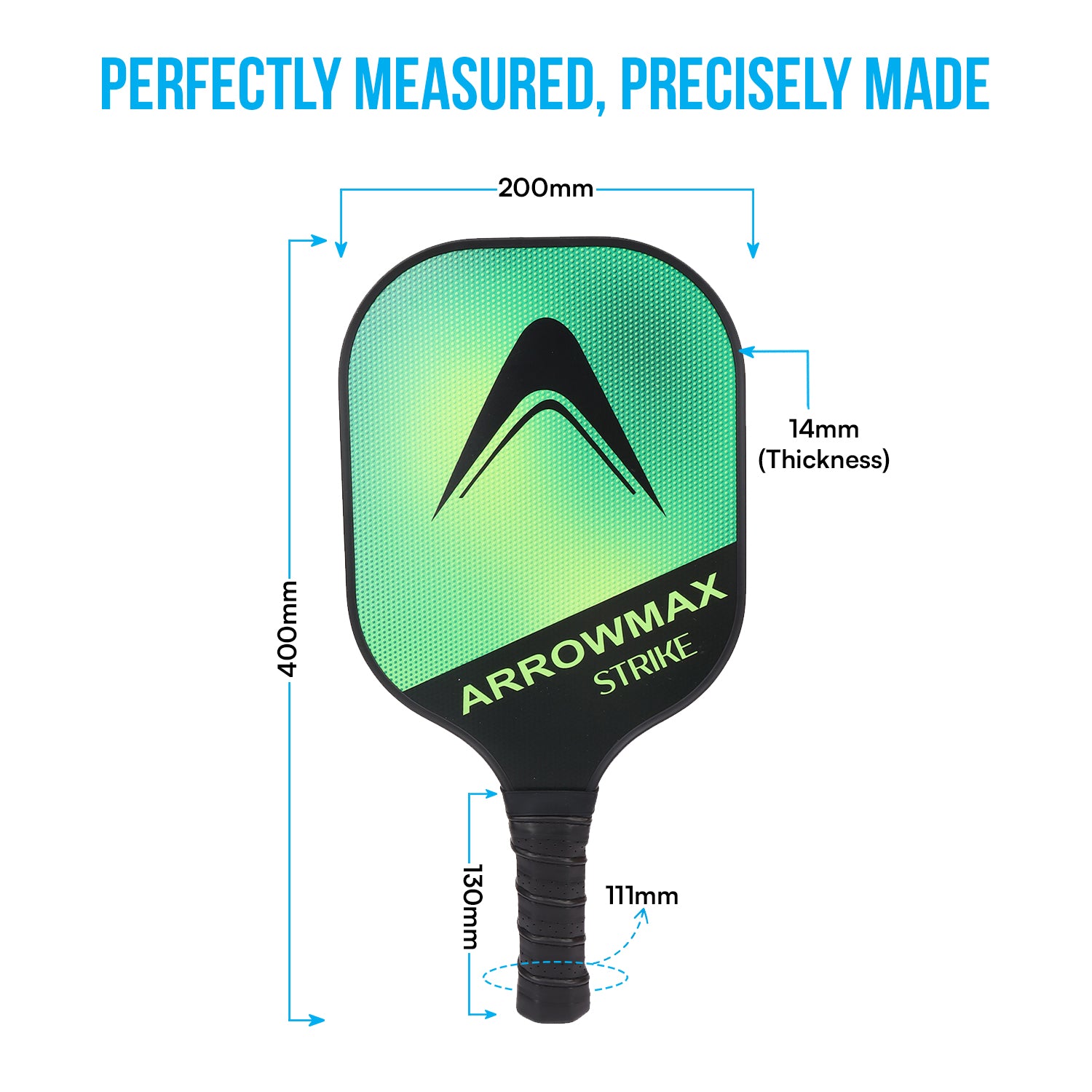 Green pickleball paddle with measurements and 'Arrowmax' branding on a white background
