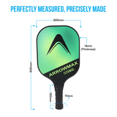 Green pickleball paddle with measurements and 'Arrowmax' branding on a white background