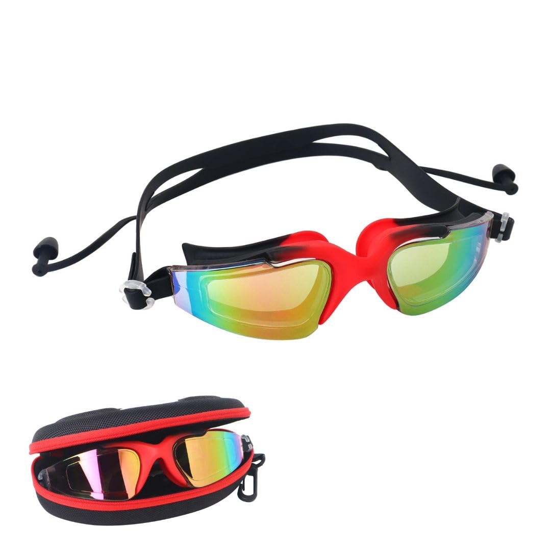Swimming goggles with attached earplugs and electroplated anti fog mirror lens with carry case