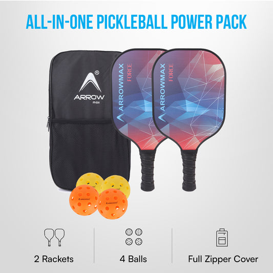 Arrowmax Carbon Fiber Pickleball Paddle Set – 2 FORCE Paddles, 4 Balls & Zipper Bag