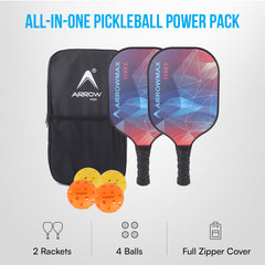 Arrowmax Carbon Fiber Pickleball Paddle Set – 2 FORCE Paddles, 4 Balls & Zipper Bag