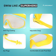 Kids Swimming Goggles with Wide Lens & Attached Earplugs – Anti-Fog, UV Protection, Comfortable Swim Goggles for Boys & Girls