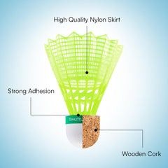 Green shuttlecock with labeled parts on a blue gradient background