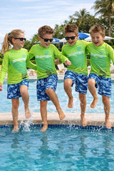 Quick dry kids swimwear for swimming pool and beach activities
Kids rash guard swimwear set with swimming goggles and cap