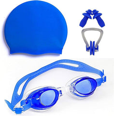 Complete kids swimming kit including unisex swimwear, swim cap, swimming goggles, ear plugs, nose clip and carry bag