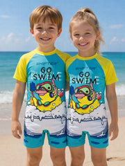 Kids unisex one piece swimwear with front zipper closure