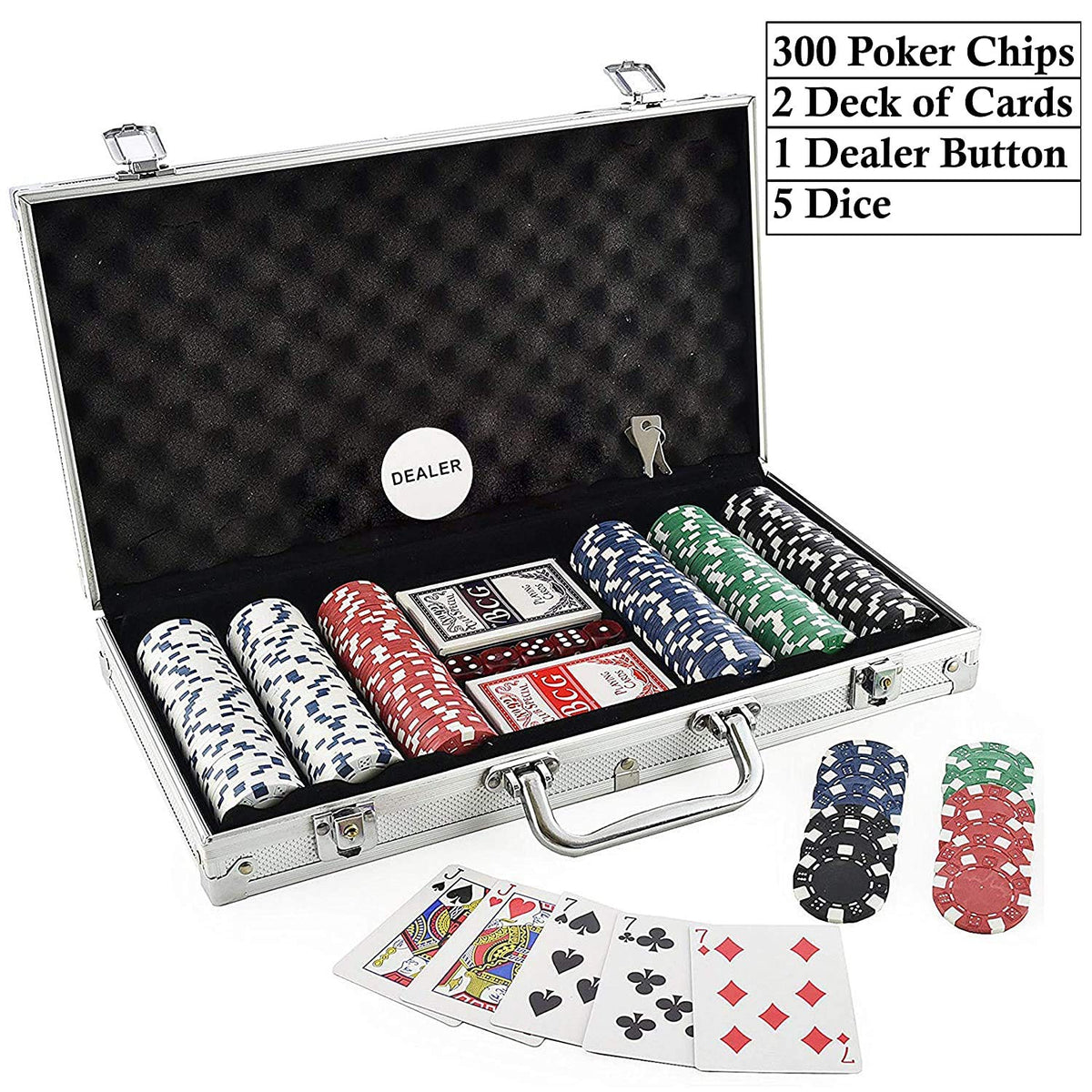 Poker Playing Cards & Chips Set India | Professional Casino Style Poker-Aluminum Finish Case, 2 Decks of Card Game, 5 Dice, 1 Dealer Button (Classic Multiplayer Game) 300 Pcs