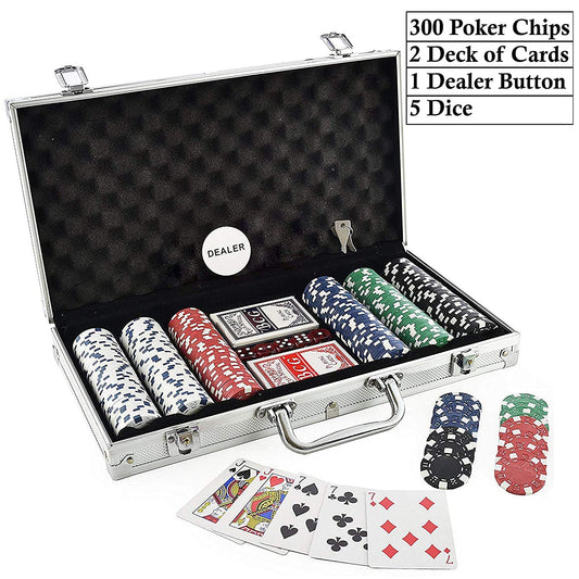 Poker Playing Cards & Chips Set India | Professional Casino Style Poker-Aluminum Finish Case, 2 Decks of Card Game, 5 Dice, 1 Dealer Button (Classic Multiplayer Game) 300 Pcs