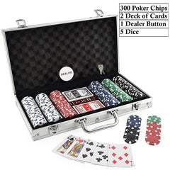 Poker Playing Cards & Chips Set India | Professional Casino Style Poker-Aluminum Finish Case, 2 Decks of Card Game, 5 Dice, 1 Dealer Button (Classic Multiplayer Game) 300 Pcs