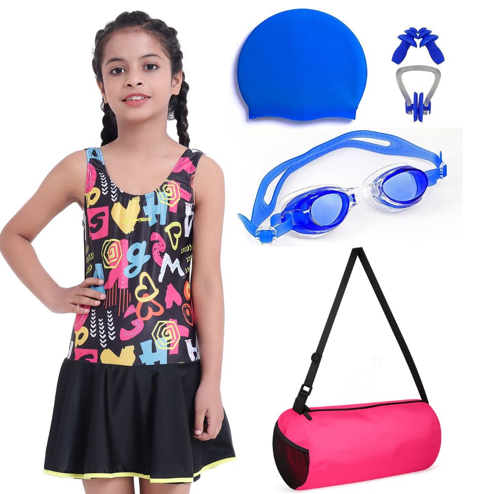 Kids Girls Swimming Kit Pink | Girls Swimwear with Goggles, Cap, Earplug, Nose Clip & Swimming Bag