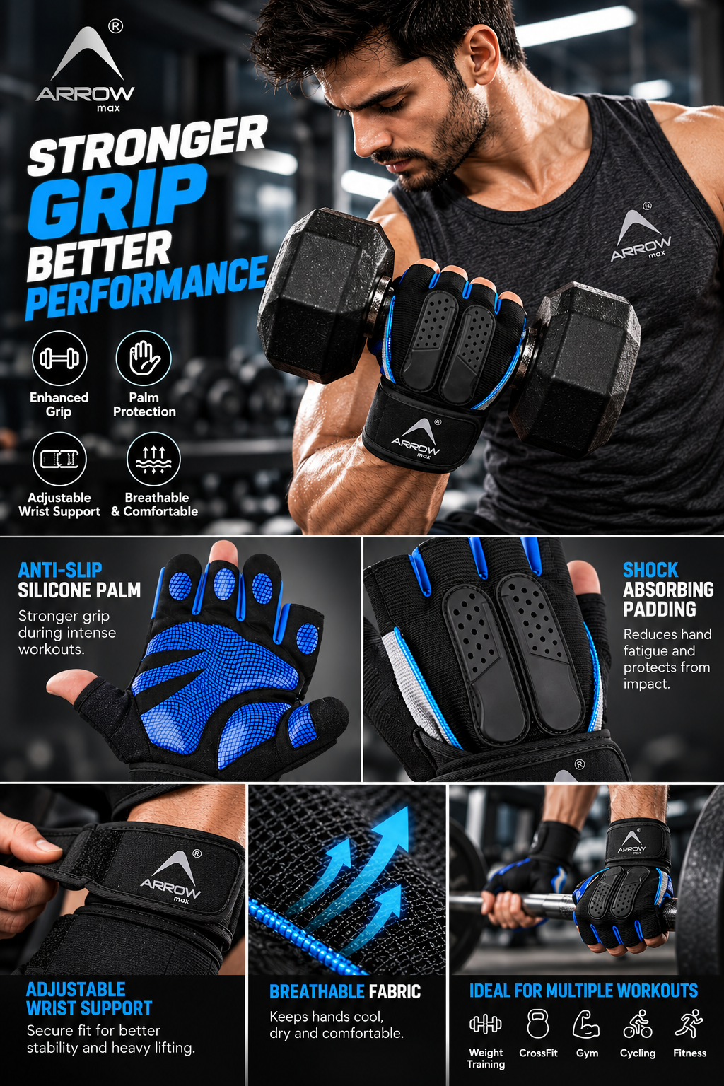 workout gloves with textured anti-slip palm grip for dumbbell exercises, bodybuilding and strength training.