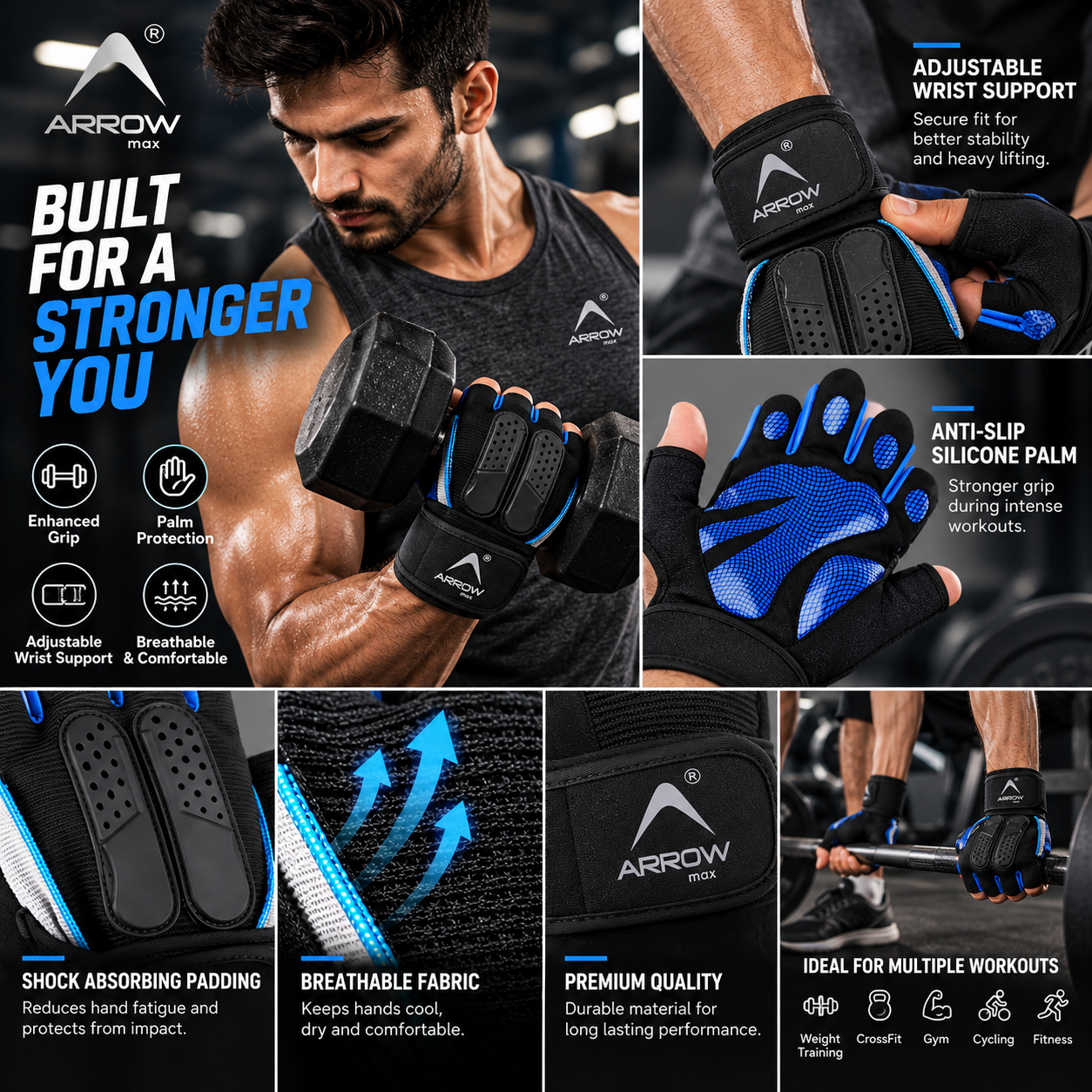gym gloves with adjustable wrist support strap for a secure fit during weight training.
