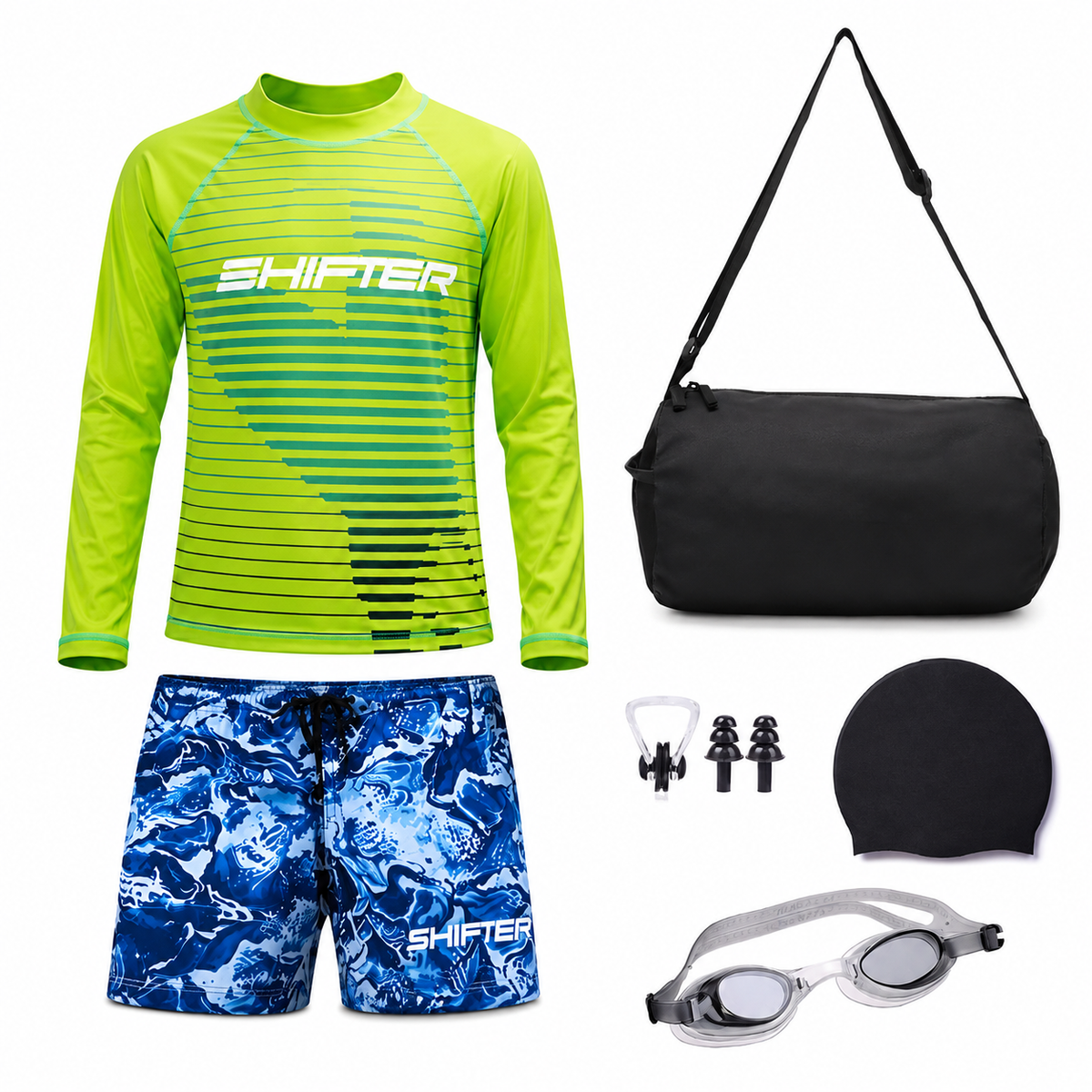 Kids swimwear set with goggles and swim cap for boys and girls
