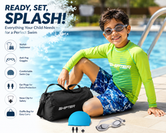 Kids swimming dress with cap goggles ear plugs and nose clip